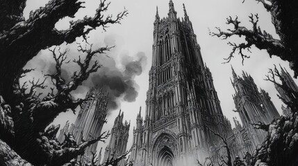 Towering gothic cathedral surrounded by eerie, bare trees, monochromatic