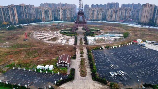 Aerial: Drone Forward Descending Shot Of People At Famous Tianducheng In City Against Clear Sky - Hangzhou, China