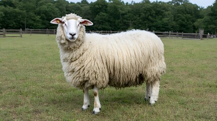 Fototapeta premium Fluffy Sheep in Green Pasture Farm Animal