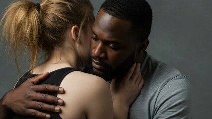 Embracing couple sharing an intimate moment against a gray background  