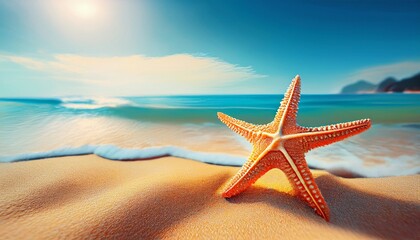 Fototapeta na wymiar starfish on sand beach with ocean on background marine and seaside vacation concept image for banner invitation greeting card with copy space