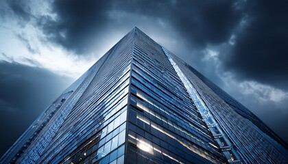 Fototapeta premium corporate skyscraper towering into stormy skies with glowing lights
