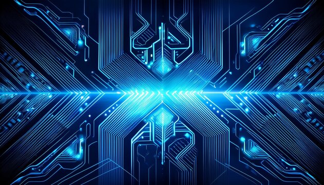 futuristic digital circuitry with blue neon lights and abstract geometric patterns