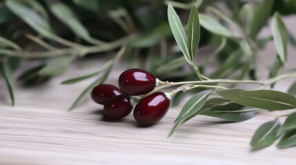 Ripe Red Olives on Olive Branch Closeup Photography