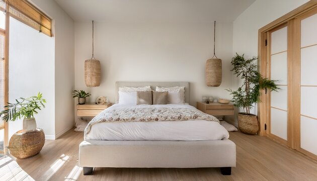 an elegant japandi bedroom featuring light wood floors and a platform bed with a white upholstered headboard the bedding is in neutral tones