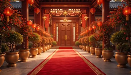 Obraz premium Serene Asian Entrance: Red Carpet Pathway to Chinese Mansion