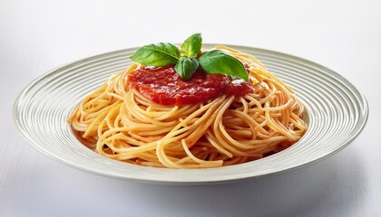 white background spaghetti pasta with tomato sauce and basil