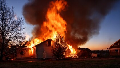 dramatic house fire at dusk safety and emergency response