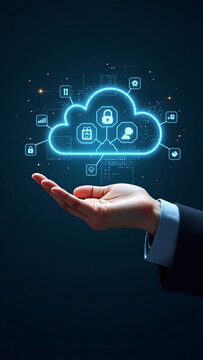 A hand presenting a cloud computing concept. A glowing cloud hovers above the outstretched hand, filled with digital icons, symbolizing data storage and network connectivity.