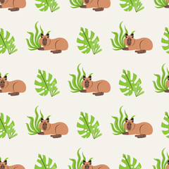 Seamless pattern with funny cartoon capybara and green jungle plants on white background. Cute South American animal repeat design for children. Vector illustration