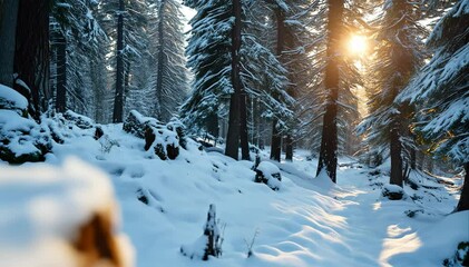 Dolly Forward on Snowy Forest Stump with Rack Focus to Winter Trees - Powered by Adobe