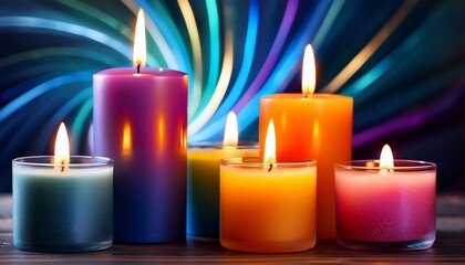 vibrant multicolored candles with glowing flames casting warm light against abstract swirling background evoking tranquility and meditative ambiance