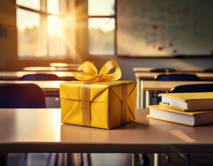 warmly lit classroom features a cheerful yellow gift box on the teacher s desk