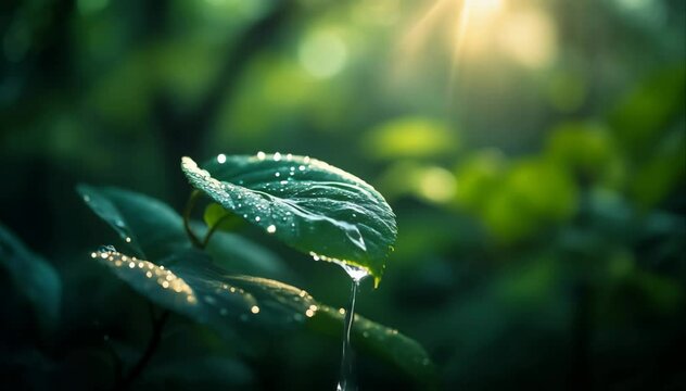 water drops on green leaf slow motion