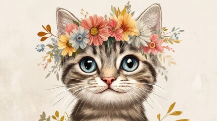Playful feline with a bohemian-style flower crown, light background generative ai