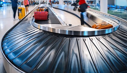 luggage carousel in airport terminal concept fragile items on conveyor belt in busy terminal with passengers moving in background