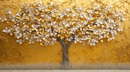 Ornate golden tree design on a textured wall.