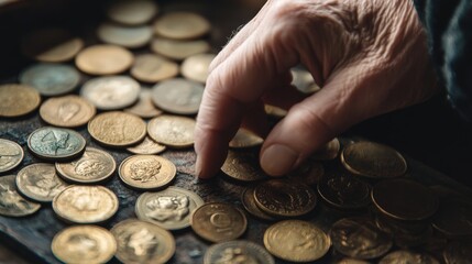 Aged hand carefully selecting coins on a wooden surface.