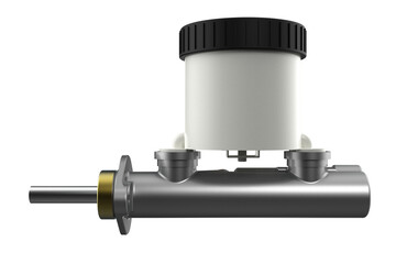Silver Brake Master Cylinder with White Fluid Reservoir and Black Cap, Automotive Hydraulic Brake System Component with Reservoir Tank, for Vehicle Braking System on a PNG Transparent Background