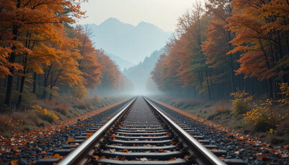 Autumn Railway Through the Forest