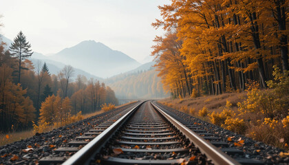 Autumn Railway Through the Forest