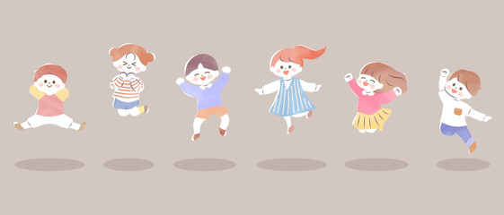ジャンプする元気な子どもたちのイラストセット　北欧・水彩タッチ