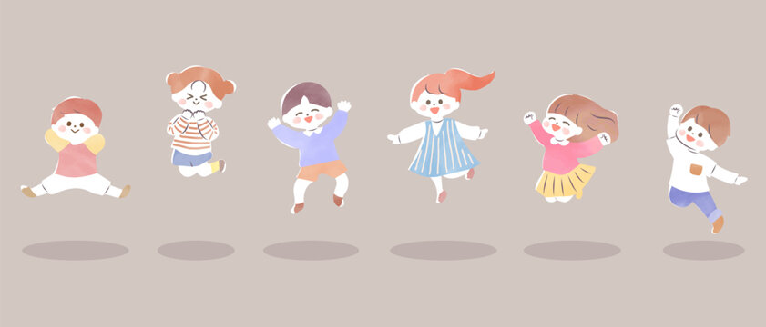 ジャンプする元気な子どもたちのイラストセット　北欧・水彩タッチ
