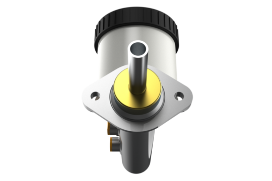 Silver brake master cylinder with white fluid reservoir and black cap, shown in high definition on a PNG transparent HD background. Isolated component.