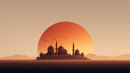 Mystical dawn silhouettes islamic architecture under a vibrant sun disc