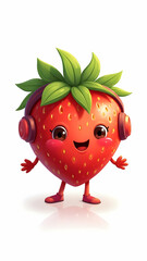 Cheerful strawberry cartoon character with headphones, smiling with rosy cheeks, on a white background