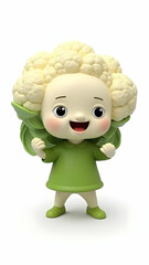 Obraz premium A cute, smiling humanoid figure dressed in green with a cauliflower head, standing on a white background