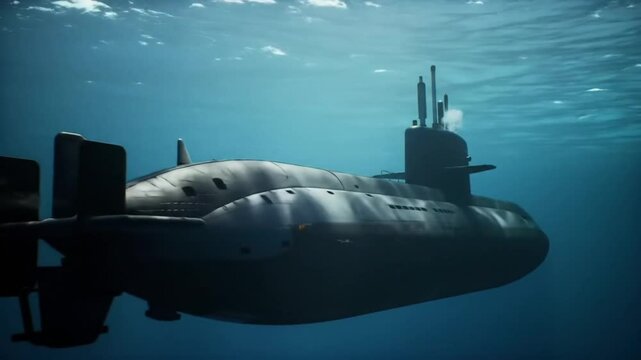 Underwater military submarine patrolling silently