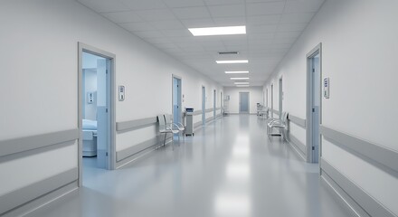 3D rendering of an empty hospital corridor with waiting area and hospital beds in adjacent rooms, reflecting a modern healthcare space.