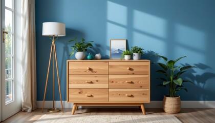 Modern Wooden Dresser with Plants and Decor Against Blue Wall in Cozy Living Room