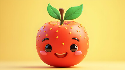 A cute, red, apple-shaped cartoon character with a cheerful expression against a plain yellow background