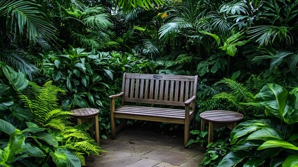 Serene Wooden Bench in Lush Tropical Garden