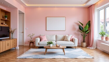 Fototapeta premium Cozy and Modern Living Room with Pink Walls and Stylish Decor in Contemporary Home Setting