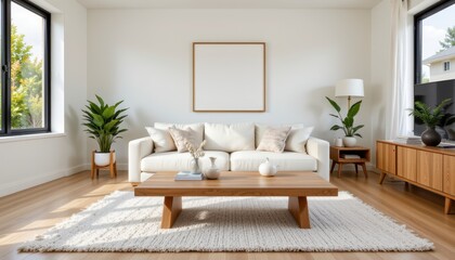 Bright and Modern Living Room with Cozy Sofa, Green Plants, and Wooden Coffee Table