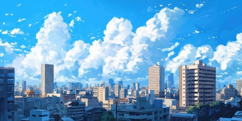 Cityscape panorama with a vibrant blue sky and fluffy white clouds