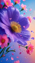 Obraz premium Close-up of vibrant purple and pink cosmos flowers with water droplets and petals in motion against a dreamy blue and peach gradient background, perfect for spring themes