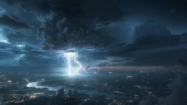 Massive storm clouds with lightning approaching city