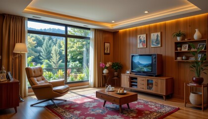 Cozy Living Room with Vintage Furniture and Scenic Outdoor View in Contemporary Home Design