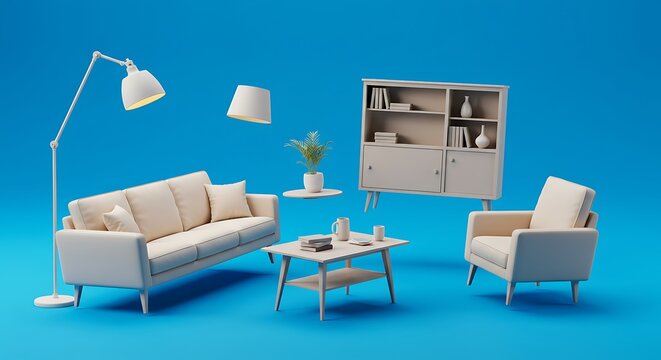Living room furniture floating against a blue background, symbolizing creativity and home decor concepts. 3D rendering perfect for interior design or advertising visuals.