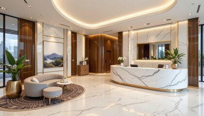 Modern and Elegant Lobby Interior Design with Luxurious Finishes and Natural Light