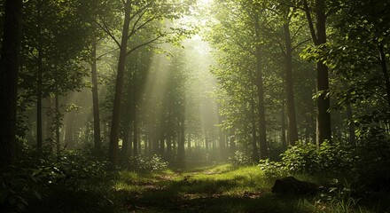 Obraz premium Dappled Sunlight Filtering Through Forest Canopy | Green Leaves & Light Patterns | Peaceful Nature Background