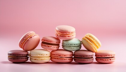 macaroons on pastel pink background