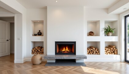 Fototapeta premium Modern minimalist living room with elegant fireplace and wooden accents for cozy atmosphere