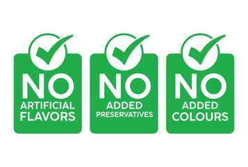Three vibrant green square labels with white checkmarks and bold “NO” text above “Artificial Flavors,” “Added Preservatives,” or “Added Colors.” Clean, modern design on white background.
