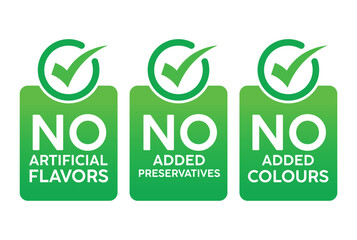 Three vibrant green square labels with white checkmarks and bold “NO” text above “Artificial Flavors,” “Added Preservatives,” or “Added Colors.” Clean, modern design on white background.
