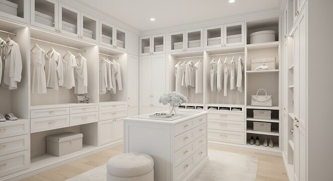 White luxury walk-in closet interior with natural light from the window. Modern, elegant design ideal for home, fashion, or interior decor concepts. 3D rendering.